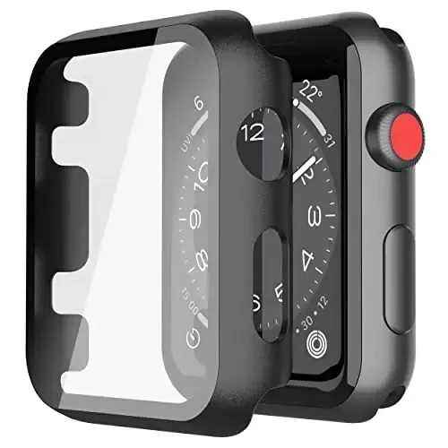 Misxi 2 Pack Hard PC Case закалённое стекло Ekran koruyucu Apple Watch Series 3 Series 2 38mm-ге шайкес келеді, iWatch S3/S2 ушин юпка қалинликдаги, чизиққа чидамли умумий химоя қоплами, Қора 