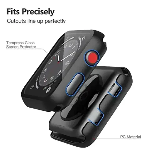 Misxi 2 Pack Hard PC Case закалённое стекло Ekran koruyucu Apple Watch Series 3 Series 2 38mm-ге шайкес келеді, iWatch S3/S2 ушин юпка қалинликдаги, чизиққа чидамли умумий химоя қоплами, Қора - 3