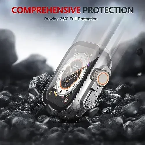 Misxi 2 Pack Hard PC Case закалённое стекло экран протекторы билан 49мм Apple Watch Ultra 2 / Ultra мос, Scratch Resistant Lightweight Full Coverage Cover iWatch учун, 1 Silver + 1 Transparent - 6