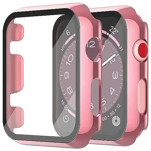 Misxi 2 Pack Hard PC Case закалённое стекло экрана протектор Apple Watch Series 2 Series 3 38 мм совместимый, iWatch лёгкий вес царапинам против падения устойчивый крышка для, 1 розавый + 1 прозрачный - MISXI