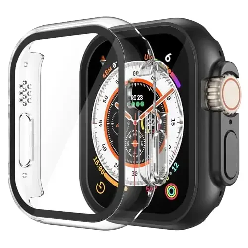 Misxi 2 Pack PC Case Built-in Tempered Glass Screen Protector 49mm Apple Watch Ultra 2 (2024) / Ultra bilan mos keladi, iWatch uchun zarbga chidamli himoya qopqog'i, 1 qora + 1 shaffof 