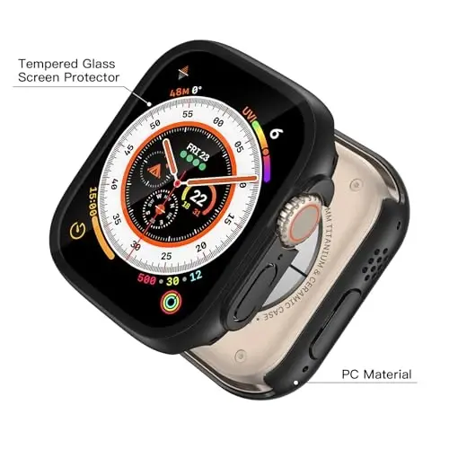 Misxi 2 Pack PC Case Built-in Tempered Glass Screen Protector 49mm Apple Watch Ultra 2 (2024) / Ultra bilan mos keladi, iWatch uchun zarbga chidamli himoya qopqog'i, 1 qora + 1 shaffof - 2