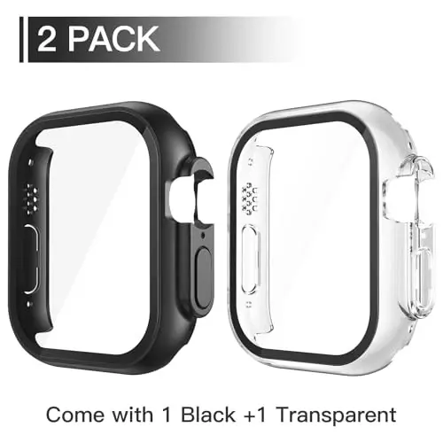 Misxi 2 Pack PC Case Built-in Tempered Glass Screen Protector 49mm Apple Watch Ultra 2 (2024) / Ultra bilan mos keladi, iWatch uchun zarbga chidamli himoya qopqog'i, 1 qora + 1 shaffof - 3