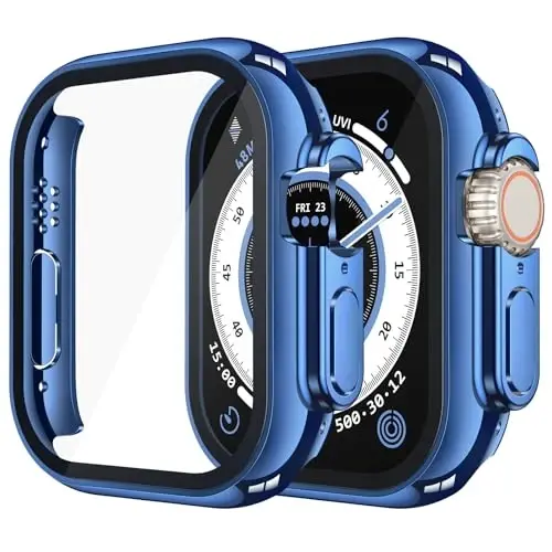 Misxi 2 Pack Hard PC Case with Tempered Glass Screen Protector Compatible with Apple Watch Ultra 3 (2025) / Ultra 2 / Ultra 49mm, Scratch Resistant Lightweight Full Coverage Cover for iWatch, 1 Blue + 1 Transparent 