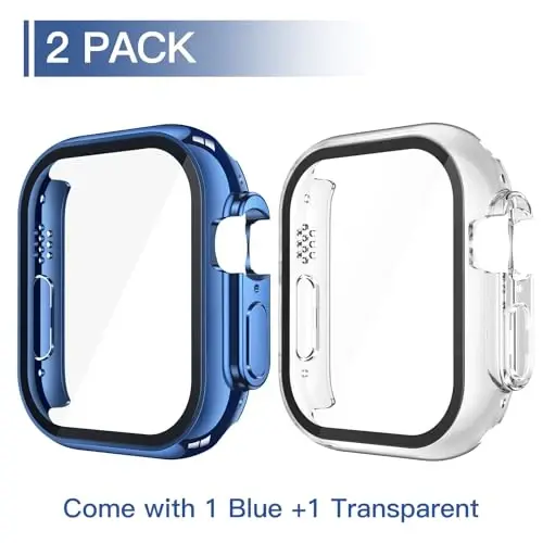 Misxi 2 Pack Hard PC Case with Tempered Glass Screen Protector Compatible with Apple Watch Ultra 3 (2025) / Ultra 2 / Ultra 49mm, Scratch Resistant Lightweight Full Coverage Cover for iWatch, 1 Blue + 1 Transparent - MISXI (1)