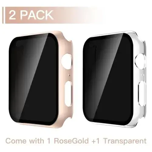 Misxi 2 Pack Privacy PC HD Case for Apple Watch SE 3 (2025) SE 2 SE Series 6 Series 5 Series 4 44mm, Ultra-Thin Cover with Anti-Spy Tempered Glass Screen Protector for iWatch, 1 Rose Gold + 1 Transparent - 2
