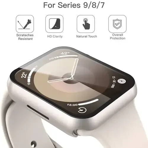 Misxi 2 Pack Qattiq kompyuter g'ilofi закаленное steklo ekran himoyachisi Apple Watch Series 9 Series 8 Series 7 41mm bilan mos keladi, iWatch uchun tomchiga qarshi yengil qopqoq, 1 Starlight + 1 shaffof - 3