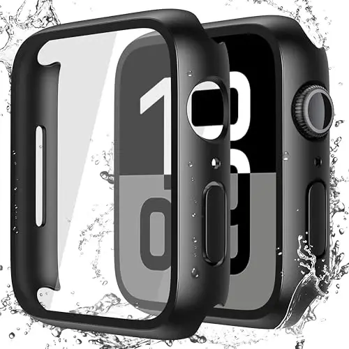 Misxi [2 Pack] Suv oʻtkazmaydigan qattiq gʻilof Temperlangan Shisha Apple Watch Series 11 (2025) Series 10 42mm bilan mos keladi, iWatch ekran himoyachisi uchun ultra yupqa qulashga qarshi himoya qopqogʻi, mat qora - MISXI