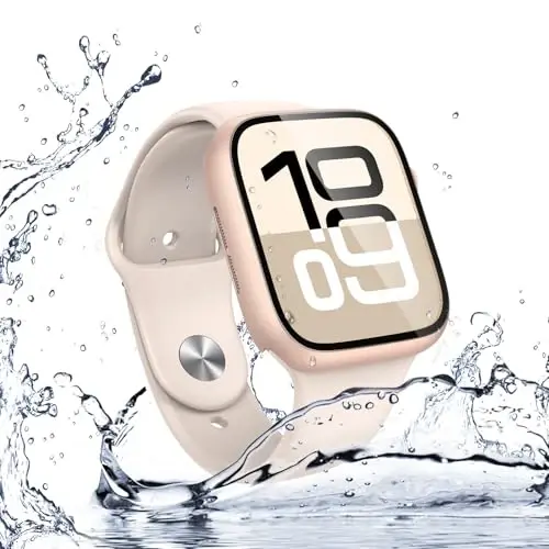 Misxi [2 Pack] Suv oʻtkazmaydigan qattiq gʻilof Temperlangan shisha bilan Apple Watch Series 11 (2025) Series 10 46mm mos keladi, iWatch ekran himoyachisi uchun umumiy himoya qopqogʻi, 1 ta Rose Gold + 1 ta shaffof 