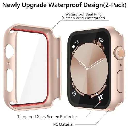 Misxi [2 Pack] Suv o‘tkazmaydigan qattiq g‘ilof Temperli shisha bilan Apple Watch SE 3 (2025) SE 2 SE Series 6 Series 5 Series 4 44mm bilan mos keladi, iWatch ekran himoyachisi uchun qopqoq, 1 ta och pushti oltin + 1 ta shaffof - 5