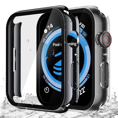 Misxi [2 Pack] Suv o'tkazmaydigan qattiq g'ilof закалённое shisha bilan Apple Watch SE 3 (2025) SE 2 SE Series 6 Series 5 Series 4 44mm mos keladi, iWatch ekran himoyachisi uchun qopqoq, 1 Jet Black + 1 Transparent - MISXI