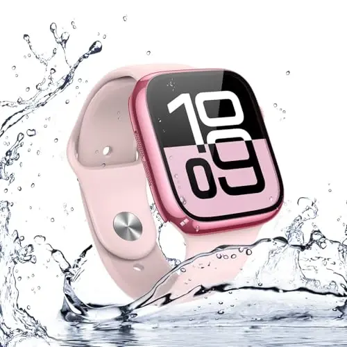 Misxi [2 Pack] Suv o'tkazmaydigan qattiq g'ilof, закалённое стекло Apple Watch Series 11 (2025) Series 10 42mm bilan mos keladi, iWatch ekran himoyachisi uchun umumiy himoya qopqog'i, 1 ta pushti + 1 ta shaffof 