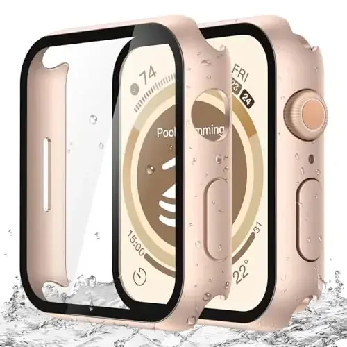 Misxi [2 Pack] Suv o'tkazmaydigan qattiq g'ilof, закалённое стекло Apple Watch Series 9 Series 8 Series 7 41mm bilan mos keladi, iWatch ekran himoyachisi uchun ultra yupqa qopqoq, 1 ta Rose Gold + 1 ta шаффоф - 1