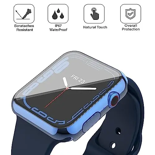 Misxi [2 Pack Suv o'tkazmaydigan, tirnalishga qarshi g'ilof, Apple Watch Series 9 (2023) Series 8 Series 7 41mm uchun tugmali, iWatch uchun закалённое stikli qattiq kompyuter qopqog'i, 1 ko'k + 1 shaffof - 4