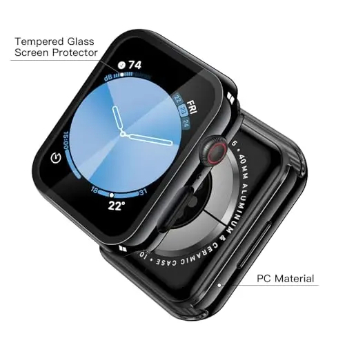 Misxi 2 Pack Tempered Glass Case Apple Watch SE 3 (2025) SE 2 SE Series 6 Series 5 Series 4 40mm moslamasi uchun mos keladi, qattiq kompyuter ekran himoyachisi iWatch uchun o'ta yupqa qopqoq, 1 Jet Black + 1 shaffof - 4