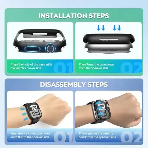 Misxi 2 Pack Tempered Glass Case Apple Watch SE 3 (2025) SE 2 SE Series 6 Series 5 Series 4 40mm uchun mos keladi, Qattiq PC ekran himoyachisi iWatch uchun umumiy himoya qopqog'i, 1 ta Oltin + 1 ta Shaffof - 7