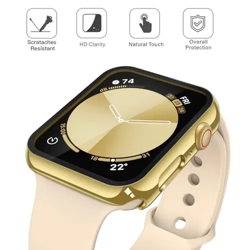 Misxi 2 Pack Tempered Glass Case Apple Watch SE 3 (2025) SE 2 SE Series 6 Series 5 Series 4 44mm bilan mos keladi, iWatch uchun qattiq kompyuter ekran himoyasi umumiy himoya qopqog'i, 1 oltin + 1 shaffof - 3