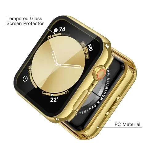 Misxi 2 Pack Tempered Glass Case Apple Watch SE 3 (2025) SE 2 SE Series 6 Series 5 Series 4 44mm bilan mos keladi, iWatch uchun qattiq kompyuter ekran himoyasi umumiy himoya qopqog'i, 1 oltin + 1 shaffof - 4