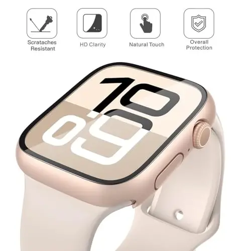 Misxi 2 Pack Tempered Glass Case Compatible for Apple Watch Series 11 (2025) Series 10 42mm, Hard PC Screen Protector Overall Protection Scratch-Resistant Cover for iWatch, 1 Rose Gold + 1 Transparent - 3
