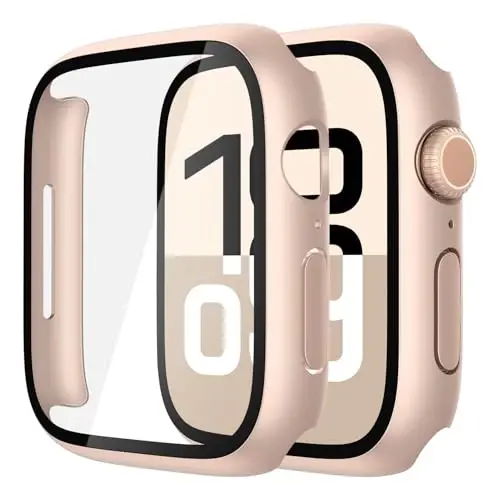 Misxi 2 Pack Tempered Glass Case Compatible for Apple Watch Series 11 (2025) Series 10 42mm, Hard PC Screen Protector Overall Protection Scratch-Resistant Cover for iWatch, 1 Rose Gold + 1 Transparent - 1