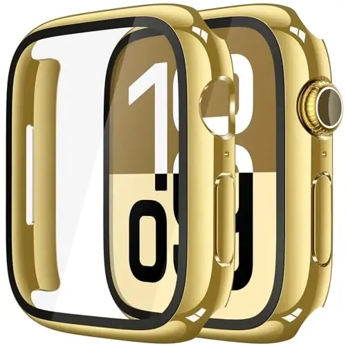 Misxi 2 Pack Tempered Glass Case Apple Watch Series 11 (2025) Series 10 42mm bilan mos keladi, Qattiq PC Ekran himoyachisi Umumiy himoya Chizishga chidamli iWatch uchun qopqoq, 1 ta Oltin + 1 ta Shaffof - MISXI