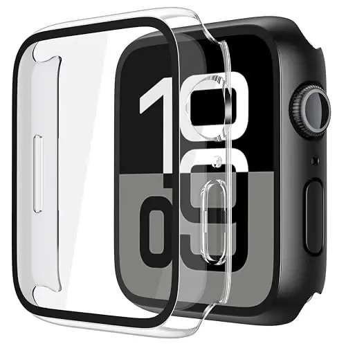 Misxi 2 Pack Tempered Glass Case Apple Watch Series 11 (2025) Series 10 46mm uchun mos, qattiq kompyuter ekran himoyachisi o'ta yupqa yengil tirnalishga chidamli iWatch uchun qopqoq, 1 qora + 1 shaffof 