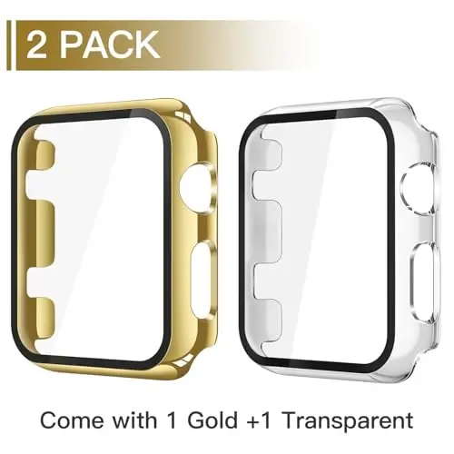 Misxi 2 Pack Tempered Glass Case Apple Watch Series 3 Series 2 38mm bilan mos keladi, iWatch uchun qattiq kompyuter ekran himoyachisi, umumiy himoya, tirnalishga chidamli qopqoq, 1 oltin + 1 shaffof - MISXI (1)