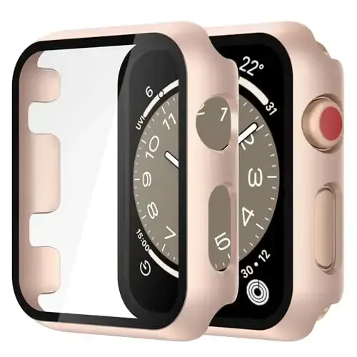 Misxi 2 Pack Tempered Glass Case Apple Watch Series 3 Series 2 38mm bilan mos keladi, Qattiq PC Ekran himoyachisi Umumiy himoya Chizishga chidamli g'ilof iWatch uchun, 1 ta Oltingul tilla + 1 ta Shaffof 