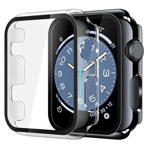 Misxi 2 Pack Tempered Glass Case Apple Watch Series 3 Series 2 42mm bilan mos, qattiq kompyuter ekran himoyachisi iWatch uchun umumiy himoya chizishga chidamli qopqoq, 1 Jet Black + 1 shaffof - 1