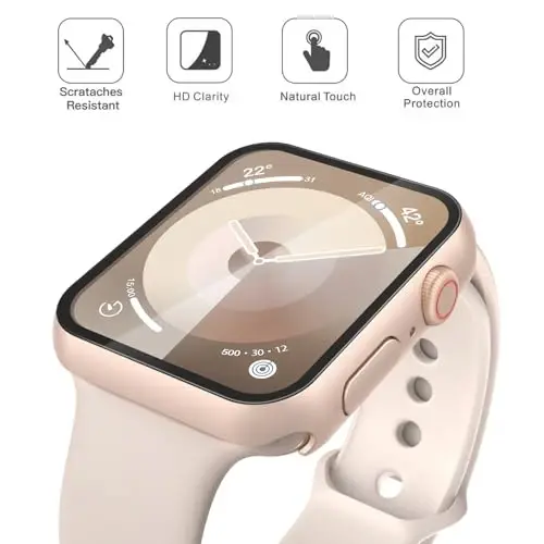 Misxi 2 Pack Tempered Glass Case Apple Watch Series 9 Series 8 Series 7 41mm bilan mos, qattiq kompyuter ekran himoyachisi iWatch uchun umumiy himoya chizilishga chidamli qopqoq, 1 ta Rose Gold + 1 ta shaffof - 3