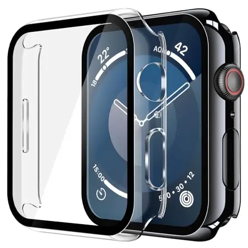 Misxi 2 Pack Tempered Glass Case Apple Watch Series 9 Series 8 Series 7 41mm uchun mos, qattiq PC ekran himoyachisi Umumiy himoya Chizishga chidamli g'ilof iWatch uchun, 1 Jet Black + 1 Shaffof 