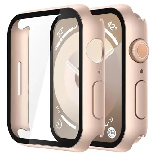 Misxi 2 Pack Tempered Glass Case Apple Watch Series 9 Series 8 Series 7 45mm bilan mos, qattiq PC ekran himoyachisi Umumiy himoya Tirnalishga chidamli qopqoq iWatch uchun, 1 ta Rose Gold + 1 ta shaffof 