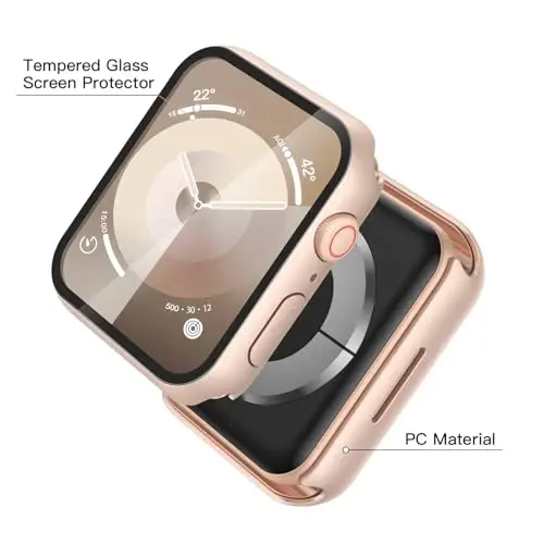 Misxi 2 Pack Tempered Glass Case Apple Watch Series 9 Series 8 Series 7 45mm bilan mos, qattiq PC ekran himoyachisi Umumiy himoya Tirnalishga chidamli qopqoq iWatch uchun, 1 ta Rose Gold + 1 ta shaffof - 4