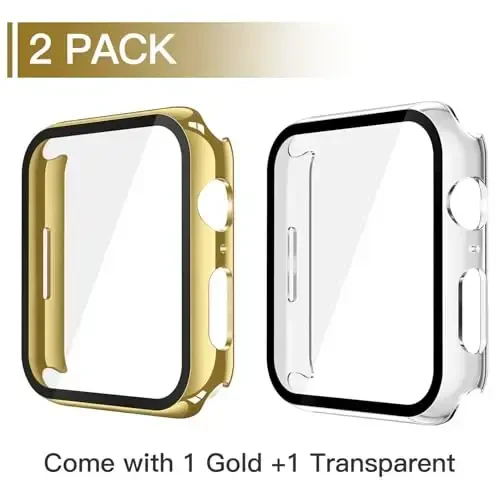 Misxi 2 Pack Tempered Glass Case Compatible for Apple Watch SE 3 (2025) SE 2 SE Series 6 Series 5 Series 4 40mm, Hard PC Screen Protector Overall Protection Cover for iWatch, 1 Gold + 1 Transparent - MISXI (1)