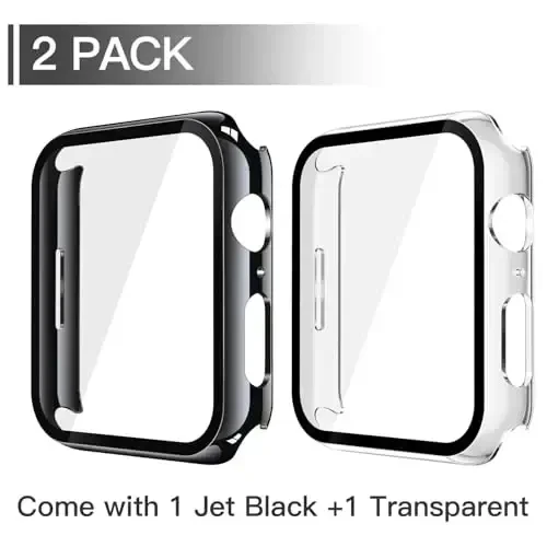 Misxi 2 Pack Tempered Glass Case Compatible for Apple Watch SE 3 (2025) SE 2 SE Series 6 Series 5 Series 4 40mm, Hard PC Screen Protector Protection Ultra-Thin Cover for iWatch, 1 Jet Black + 1 Transparent - 2