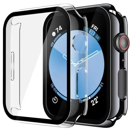 Misxi 2 Pack Tempered Glass Case Compatible for Apple Watch SE 3 (2025) SE 2 SE Series 6 Series 5 Series 4 44mm, Hard PC Screen Protector Protection Cover for iWatch, 1 Jet Black + 1 Transparent - MISXI