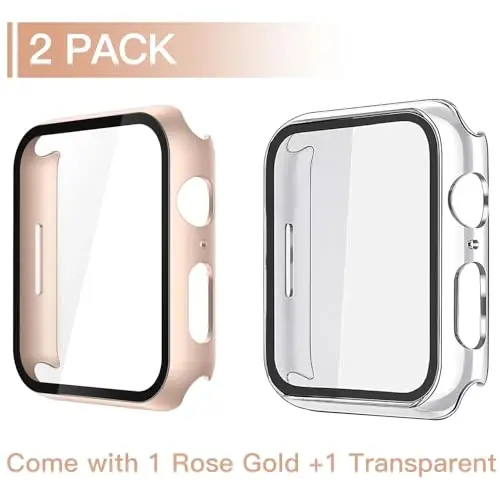 Misxi 2 Pack Tempered Glass Case Compatible for Apple Watch SE 3 (2025) SE 2 SE Series 6 Series 5 Series 4 44mm, Hard PC Screen Protector Protection Cover for iWatch, 1 Rose Gold + 1 Transparent - 2