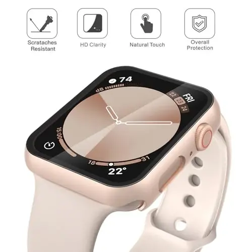 Misxi 2 Pack Tempered Glass Case Compatible for Apple Watch SE 3 (2025) SE 2 SE Series 6 Series 5 Series 4 44mm, Hard PC Screen Protector Protection Cover for iWatch, 1 Rose Gold + 1 Transparent - 3
