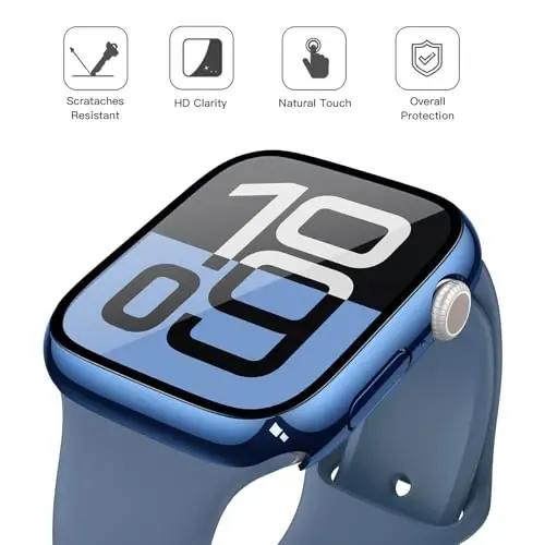 Misxi 2 Pack Tempered Glass Case Compatible for Apple Watch Series 11 (2025) Series 10 42mm, Hard PC Screen Protector Overall Protection Scratch-Resistant Cover for iWatch, 1 Blue + 1 Transparent - 3