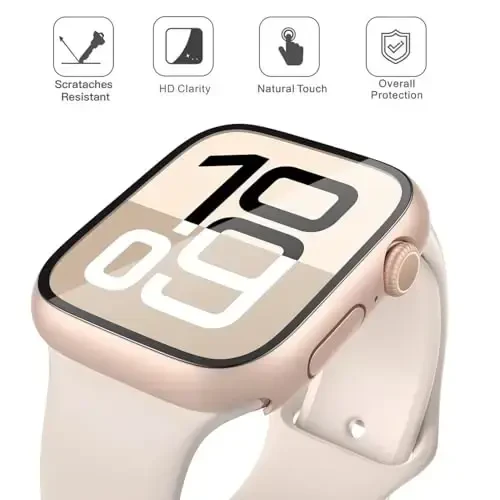 Misxi 2 Pack Tempered Glass Case Compatible for Apple Watch Series 11 (2025) Series 10 42mm, Hard PC Screen Protector Overall Protection Scratch-Resistant Cover for iWatch, 1 Rose Gold + 1 Transparent - 3