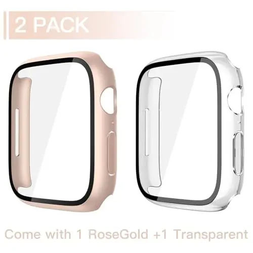 Misxi 2 Pack Tempered Glass Case Compatible for Apple Watch Series 11 (2025) Series 10 42mm, Hard PC Screen Protector Overall Protection Scratch-Resistant Cover for iWatch, 1 Rose Gold + 1 Transparent - 2