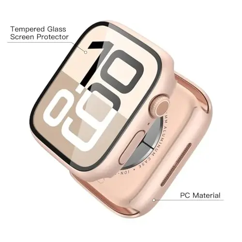 Misxi 2 Pack Tempered Glass Case Compatible for Apple Watch Series 11 (2025) Series 10 42mm, Hard PC Screen Protector Overall Protection Scratch-Resistant Cover for iWatch, 1 Rose Gold + 1 Transparent - 4