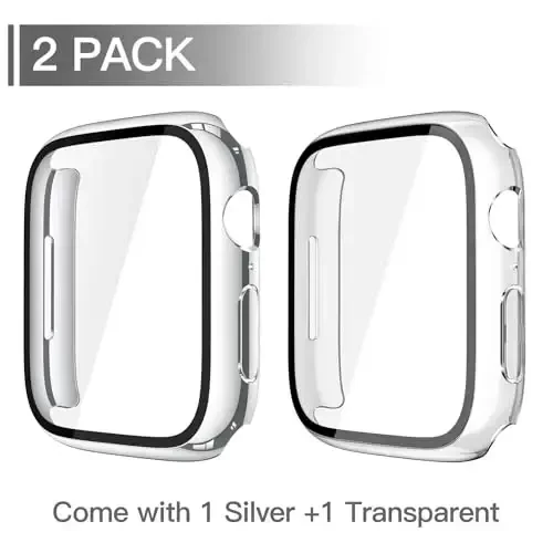 Misxi 2 Pack Tempered Glass Case Compatible for Apple Watch Series 11 (2025) Series 10 42mm, Hard PC Screen Protector Overall Protection Scratch-Resistant Cover for iWatch, 1 Silver + 1 Transparent - 2