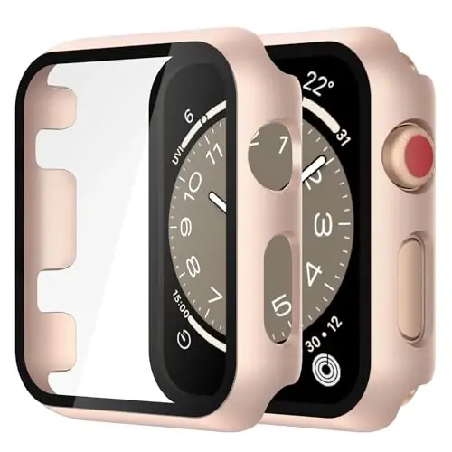 Misxi 2 Pack Tempered Glass Case Compatible for Apple Watch Series 3 Series 2 38mm, Hard PC Screen Protector Overall Protection Scratch-Resistant Cover for iWatch, 1 Rose Gold + 1 Transparent 