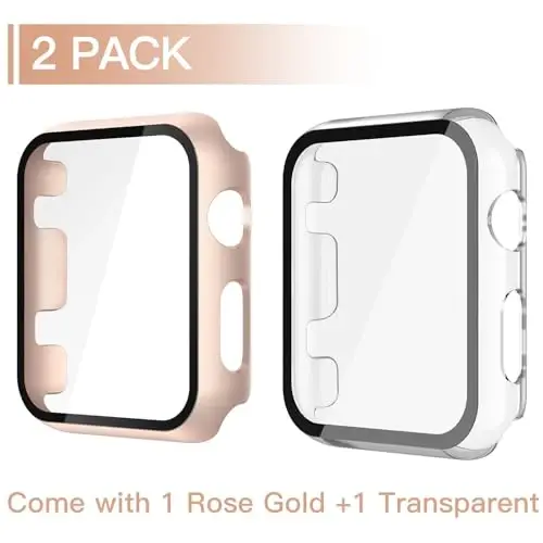 Misxi 2 Pack Tempered Glass Case Compatible for Apple Watch Series 3 Series 2 42mm, Hard PC Screen Protector Overall Protection Scratch-Resistant Cover for iWatch, 1 Rose Gold + 1 Transparent - 2