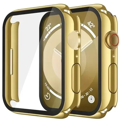 Misxi 2 Pack Tempered Glass Case Compatible for Apple Watch Series 9 Series 8 Series 7 41mm, Hard PC Screen Protector Overall Protection Scratch-Resistant Cover for iWatch, 1 Gold + 1 Transparent 