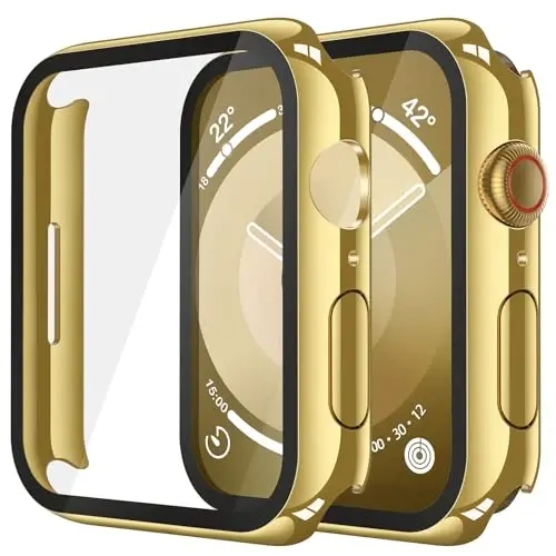Misxi 2 Pack Tempered Glass Case Compatible for Apple Watch Series 9 Series 8 Series 7 41mm, Hard PC Screen Protector Overall Protection Scratch-Resistant Cover for iWatch, 1 Gold + 1 Transparent - 1