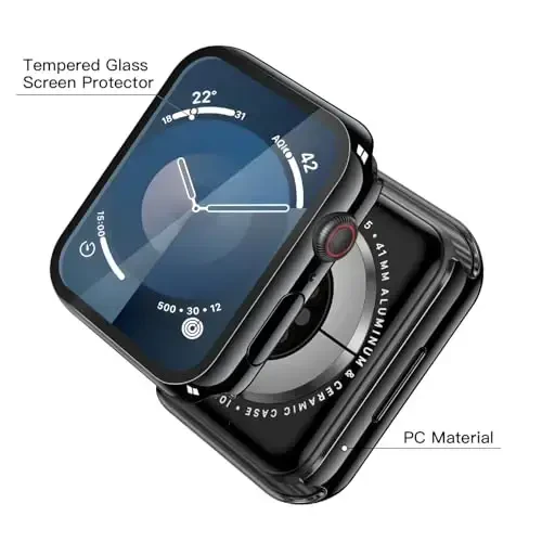 Misxi 2 Pack Tempered Glass Case Compatible for Apple Watch Series 9 Series 8 Series 7 41mm, Hard PC Screen Protector Overall Protection Scratch-Resistant Cover for iWatch, 1 Jet Black + 1 Transparent - 4