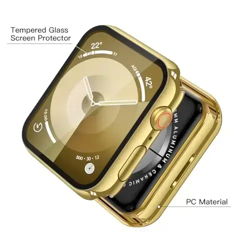 Misxi 2 Pack Tempered Glass Case Compatible for Apple Watch Series 9 Series 8 Series 7 45mm, Hard PC Screen Protector Overall Protection Scratch-Resistant Cover for iWatch, 1 Gold + 1 Transparent - 4