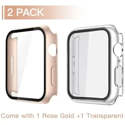Misxi 2 Pack Tempered Glass Case Compatible for Apple Watch Series 9 Series 8 Series 7 45mm, Hard PC Screen Protector Overall Protection Scratch-Resistant Cover for iWatch, 1 Rose Gold + 1 Transparent - 2